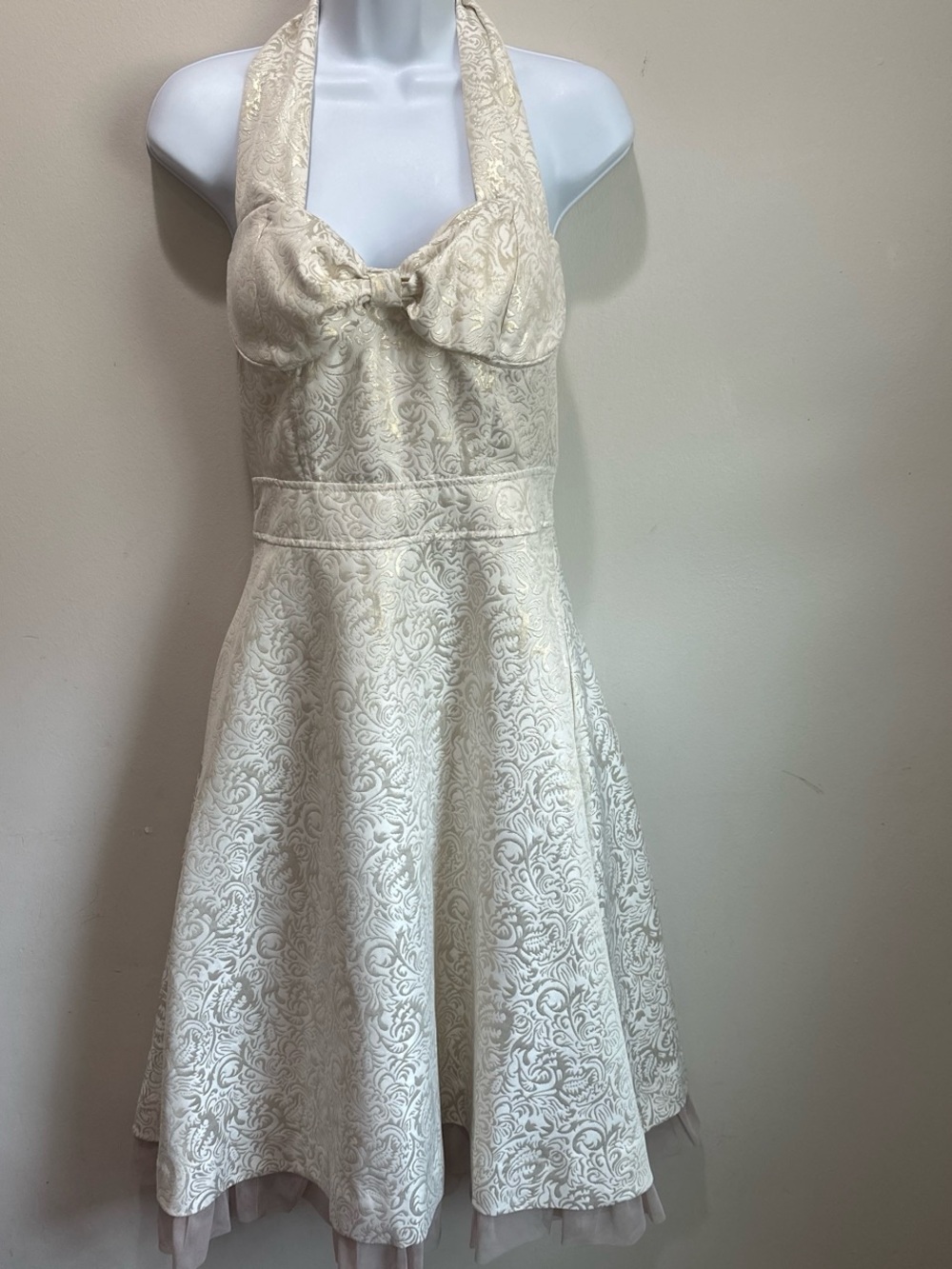 XOXO Ivory Brocade Halter Wedding  or prom Dress